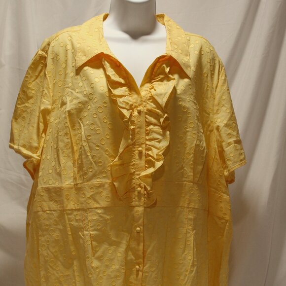 Lane Bryant Women's (26/28) Yellow Polka Dot Button-up Top Cap Sleeve Cotton - Picture 1 of 11